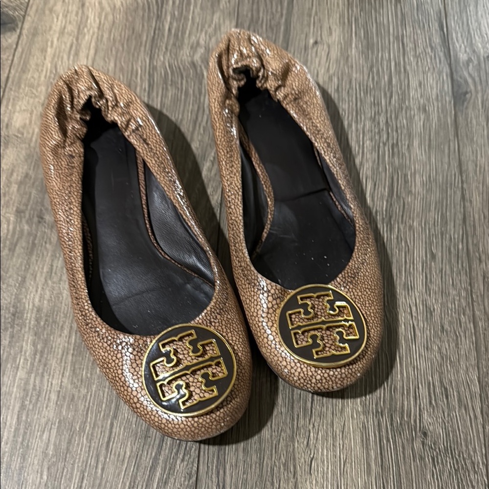 Tory Burch Brown Leather Flats with Gold Medallion